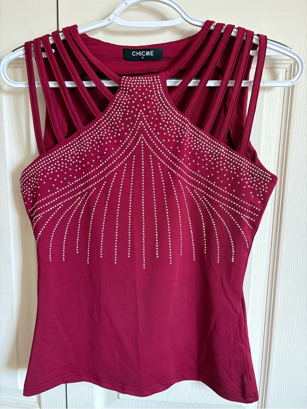 chic Burgundy Strappy Rhinestone Halter Tank Top